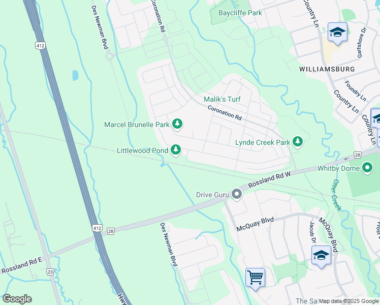 map of restaurants, bars, coffee shops, grocery stores, and more near 3000-3998 Coronation Road in Whitby