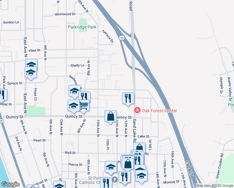 map of restaurants, bars, coffee shops, grocery stores, and more near 1101 Redwood Street in Onalaska