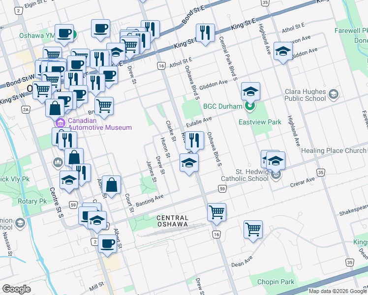 map of restaurants, bars, coffee shops, grocery stores, and more near in Oshawa