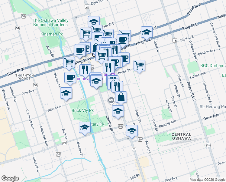 map of restaurants, bars, coffee shops, grocery stores, and more near 136 Simcoe Street South in Oshawa
