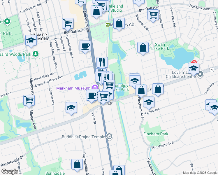 map of restaurants, bars, coffee shops, grocery stores, and more near Unnamed Road in Markham