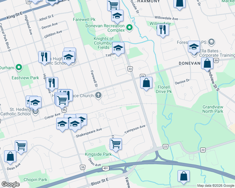 map of restaurants, bars, coffee shops, grocery stores, and more near 377 Linden Street in Oshawa
