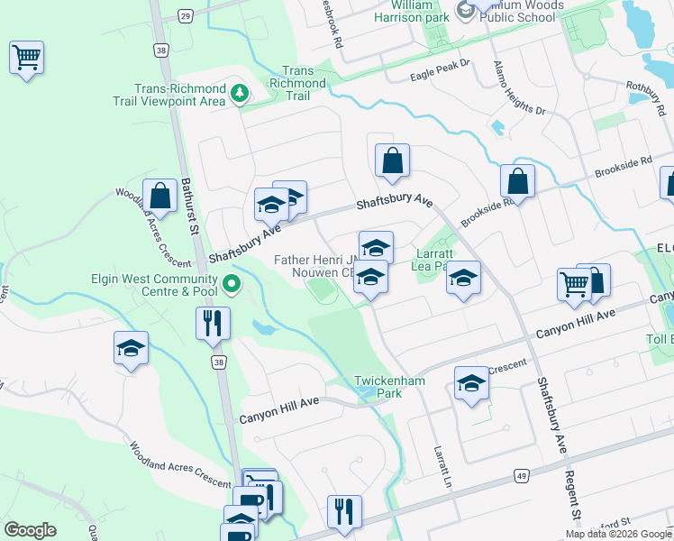 map of restaurants, bars, coffee shops, grocery stores, and more near 138 Larratt Lane in Richmond Hill
