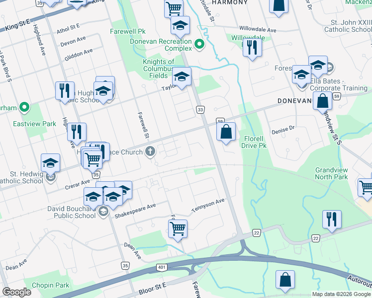 map of restaurants, bars, coffee shops, grocery stores, and more near 382 Elmridge Street in Oshawa