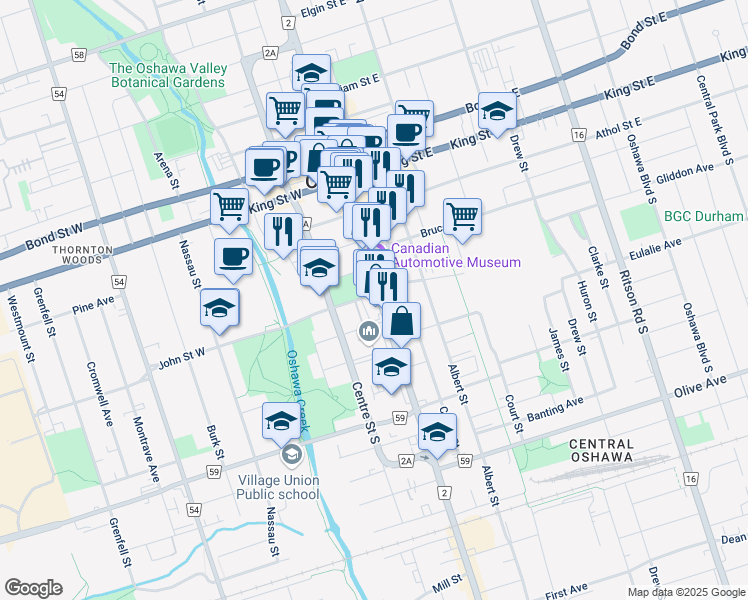 map of restaurants, bars, coffee shops, grocery stores, and more near in Oshawa