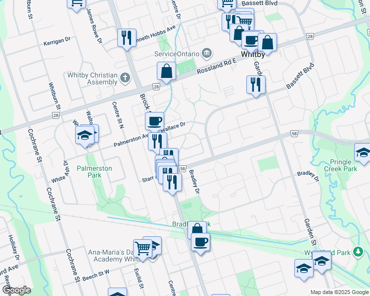 map of restaurants, bars, coffee shops, grocery stores, and more near 118 Estate Crescent in Whitby