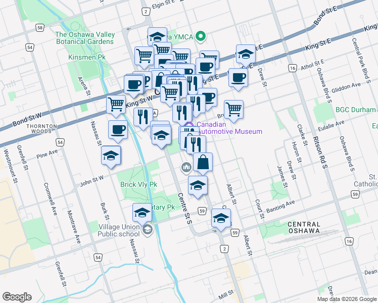 map of restaurants, bars, coffee shops, grocery stores, and more near 134 Simcoe Street South in Oshawa