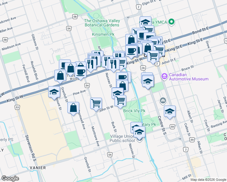 map of restaurants, bars, coffee shops, grocery stores, and more near 79 Nassau Street in Oshawa