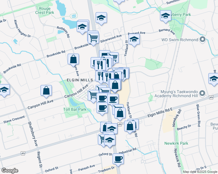 map of restaurants, bars, coffee shops, grocery stores, and more near 10909 Yonge Street in Richmond Hill