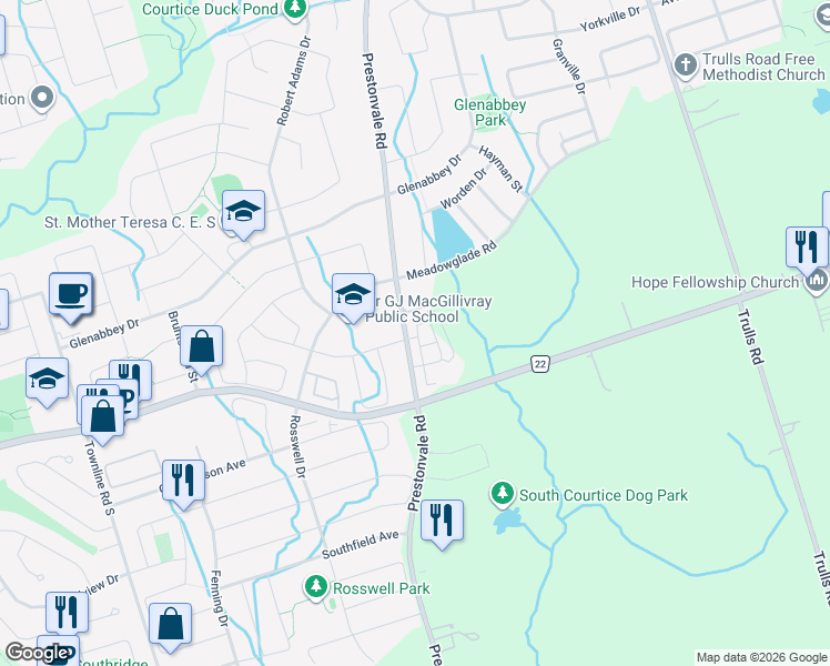 map of restaurants, bars, coffee shops, grocery stores, and more near in Courtice