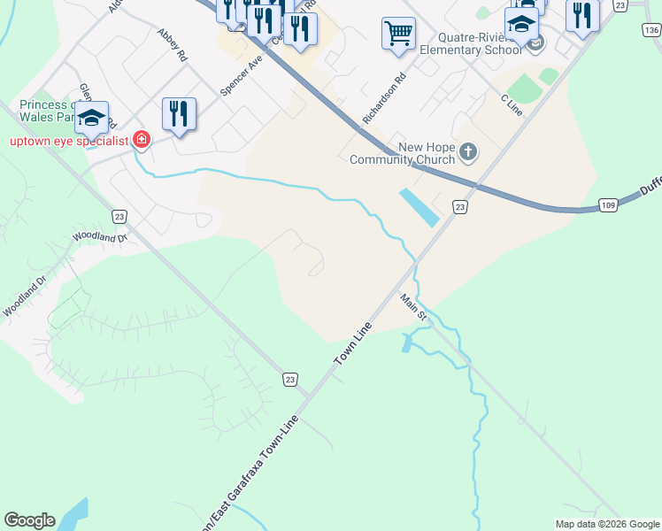 map of restaurants, bars, coffee shops, grocery stores, and more near 59 Young Court in Orangeville