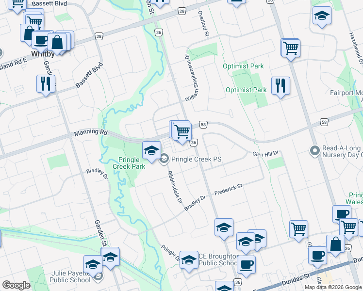 map of restaurants, bars, coffee shops, grocery stores, and more near 728 Anderson Street in Whitby