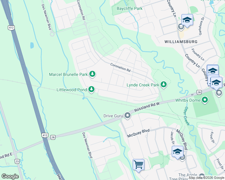 map of restaurants, bars, coffee shops, grocery stores, and more near 32 Auckland Drive in Whitby