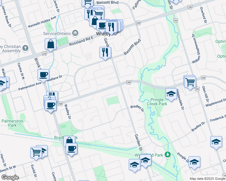 map of restaurants, bars, coffee shops, grocery stores, and more near 60 Robinson Crescent in Whitby