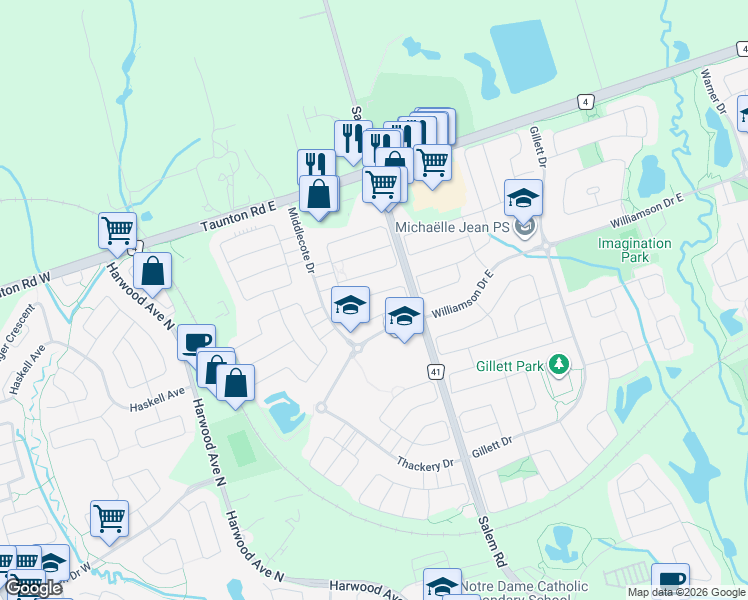 map of restaurants, bars, coffee shops, grocery stores, and more near 73 Howlett Crescent in Ajax