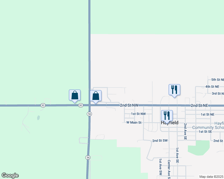 map of restaurants, bars, coffee shops, grocery stores, and more near 604 4th Street Northwest in Hayfield