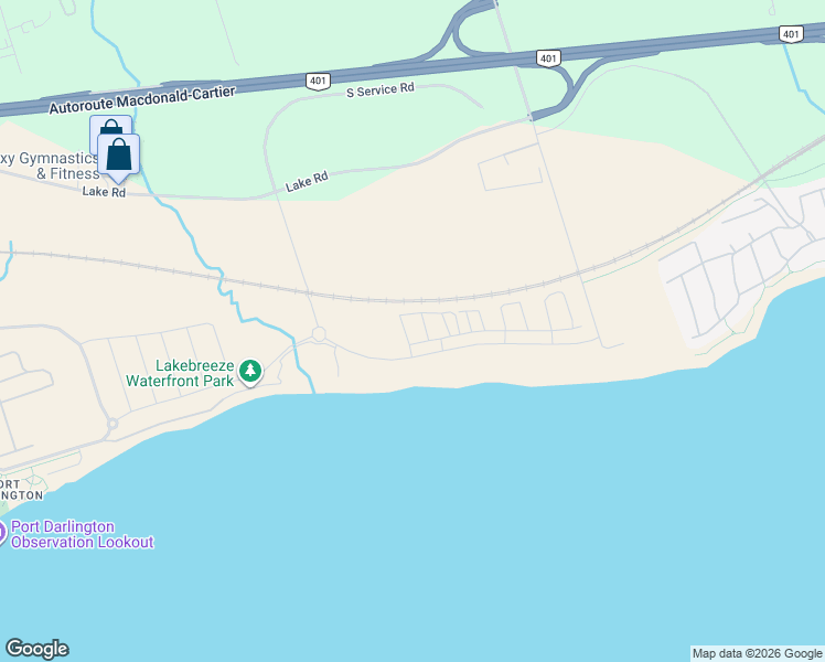 map of restaurants, bars, coffee shops, grocery stores, and more near 5B Lookout Drive in Clarington