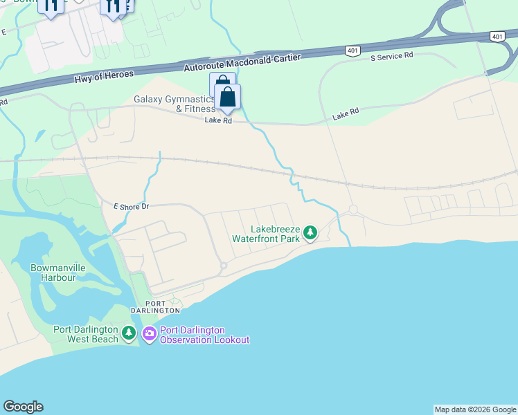 map of restaurants, bars, coffee shops, grocery stores, and more near 2 Yacht Drive in Clarington