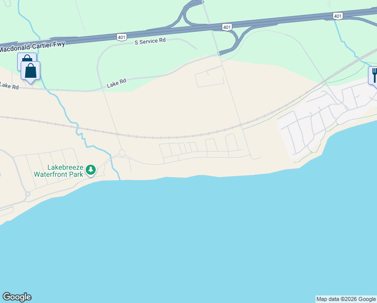 map of restaurants, bars, coffee shops, grocery stores, and more near Port Darlington Road in Bowmanville