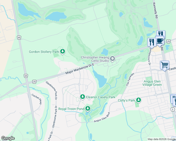 map of restaurants, bars, coffee shops, grocery stores, and more near 15 Tralee Court in Markham