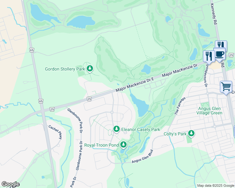 map of restaurants, bars, coffee shops, grocery stores, and more near 4073 Major Mackenzie Drive East in Markham
