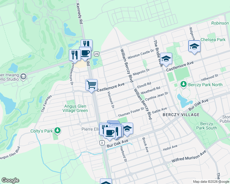 map of restaurants, bars, coffee shops, grocery stores, and more near 36 Elmrill Road in Markham