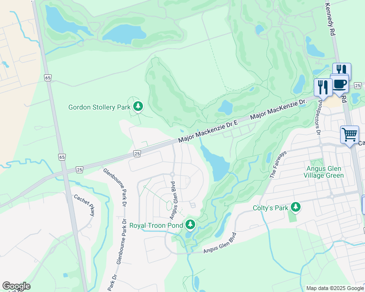 map of restaurants, bars, coffee shops, grocery stores, and more near 4073 Major Mackenzie Drive East in Markham
