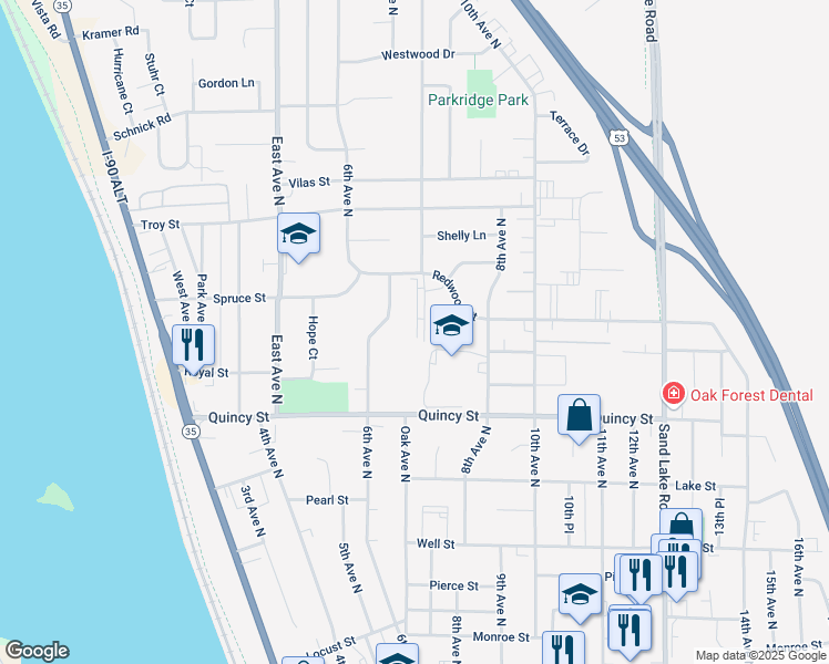 map of restaurants, bars, coffee shops, grocery stores, and more near 843 Oak Avenue North in Onalaska