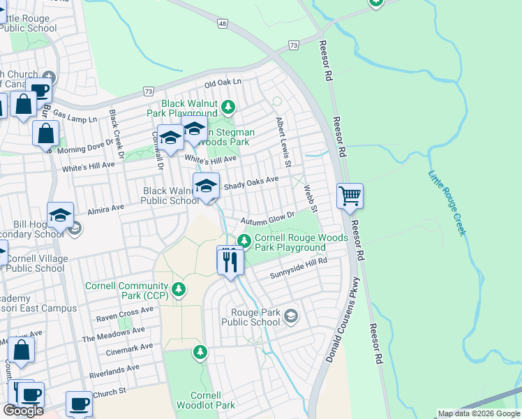 map of restaurants, bars, coffee shops, grocery stores, and more near 46 Balsam Street in Markham