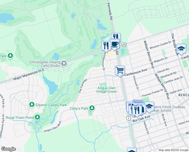 map of restaurants, bars, coffee shops, grocery stores, and more near 60 The Fairways in Markham