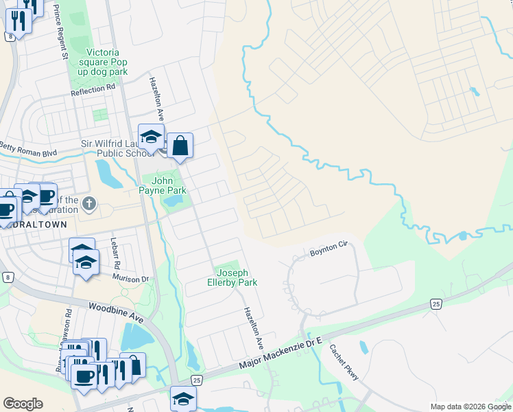 map of restaurants, bars, coffee shops, grocery stores, and more near 47 Mindanao Avenue in Markham