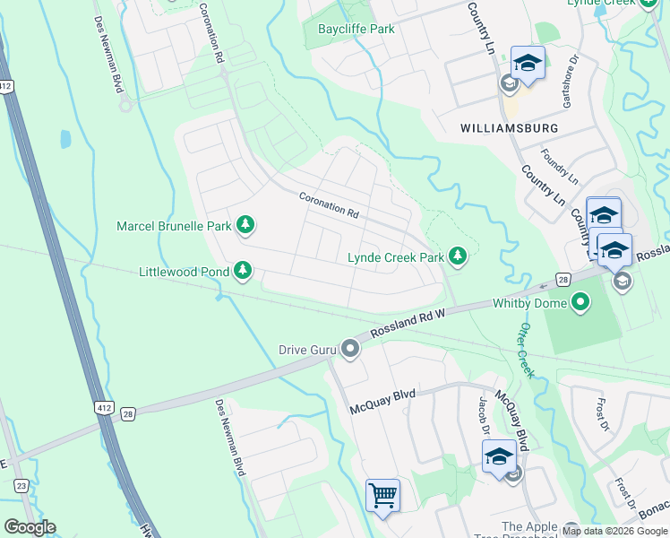 map of restaurants, bars, coffee shops, grocery stores, and more near 65 Marcel Brunelle Drive in Whitby