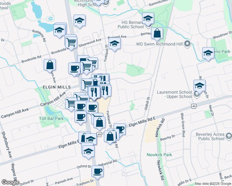 map of restaurants, bars, coffee shops, grocery stores, and more near 20 Lorraine Street in Richmond Hill