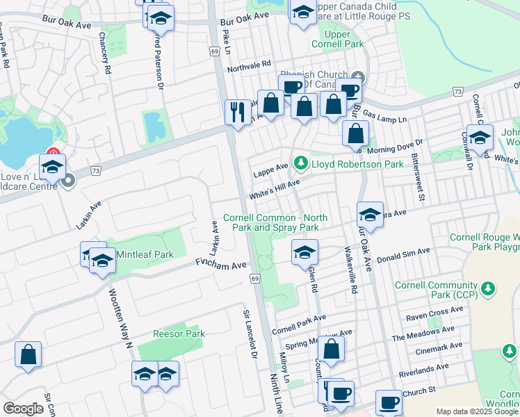 map of restaurants, bars, coffee shops, grocery stores, and more near 11 Pascoe Drive in Markham
