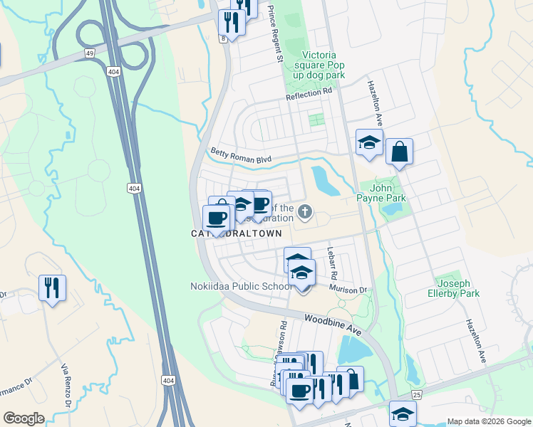 map of restaurants, bars, coffee shops, grocery stores, and more near 7 Tatra Lane in Markham
