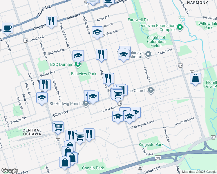map of restaurants, bars, coffee shops, grocery stores, and more near 303 Highland Avenue in Oshawa