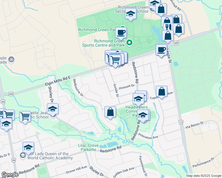 map of restaurants, bars, coffee shops, grocery stores, and more near 83 Heritage Hollow Estate Street in Richmond Hill