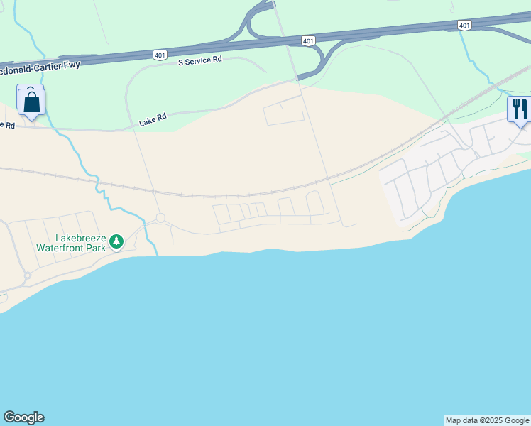 map of restaurants, bars, coffee shops, grocery stores, and more near Port Darlington Road in Bowmanville