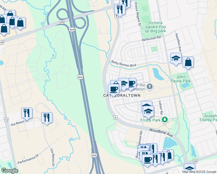 map of restaurants, bars, coffee shops, grocery stores, and more near 10461 Woodbine Avenue in Markham