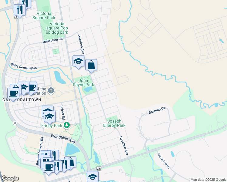 map of restaurants, bars, coffee shops, grocery stores, and more near 43 Larkmead Crescent in Markham