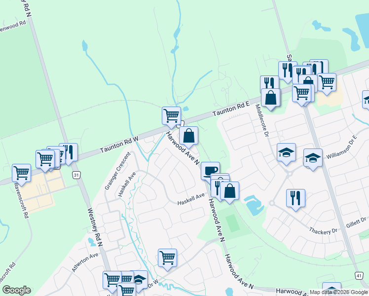 map of restaurants, bars, coffee shops, grocery stores, and more near 84 Quarrie Lane in Ajax