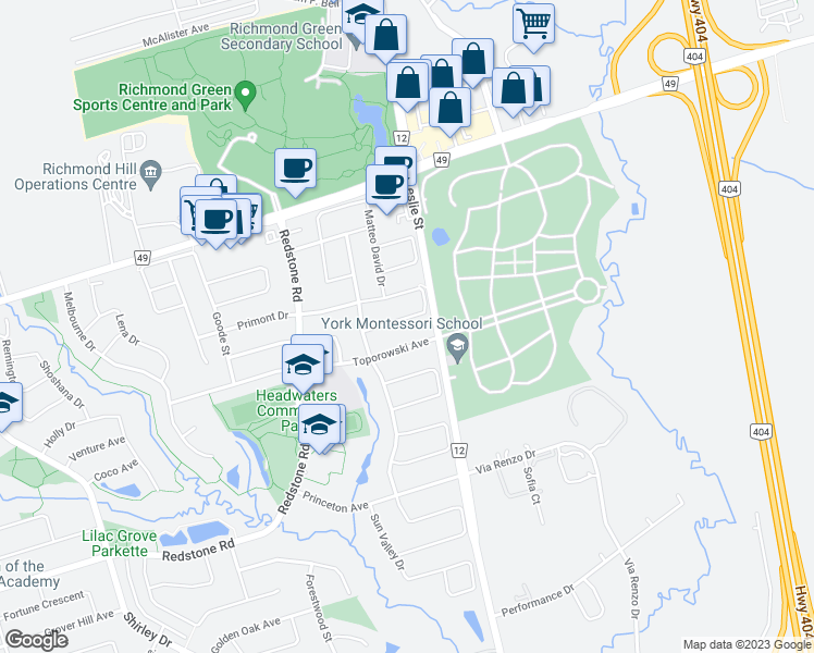 map of restaurants, bars, coffee shops, grocery stores, and more near 27 Martini Drive in Richmond Hill