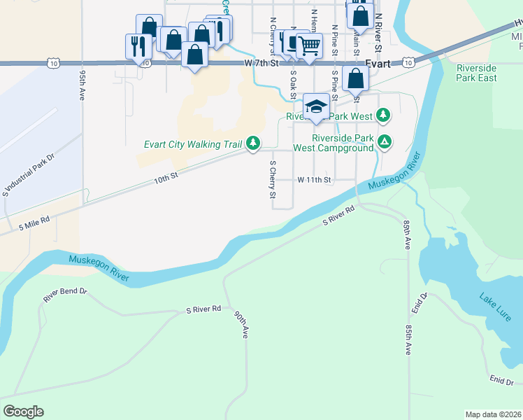 map of restaurants, bars, coffee shops, grocery stores, and more near 515 South Cherry Street in Evart