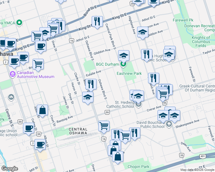map of restaurants, bars, coffee shops, grocery stores, and more near 242 Verdun Road in Oshawa