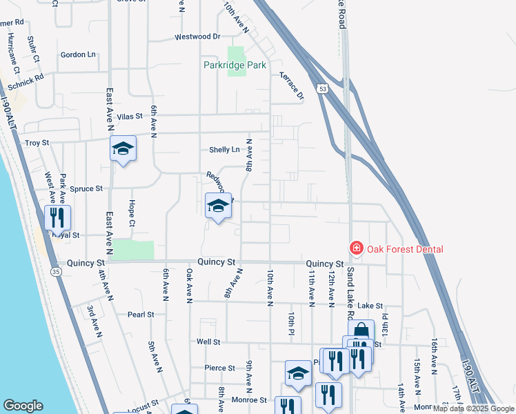map of restaurants, bars, coffee shops, grocery stores, and more near 812 Redwood Street in Onalaska