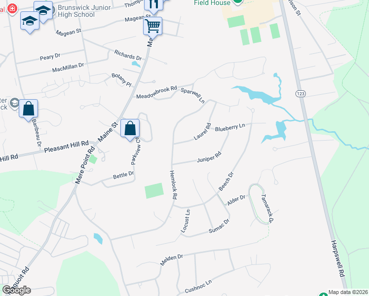 map of restaurants, bars, coffee shops, grocery stores, and more near 15 Laurel Road in Brunswick
