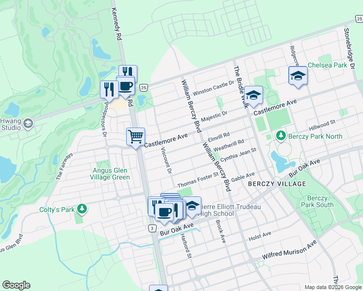 map of restaurants, bars, coffee shops, grocery stores, and more near 48 Elmrill Road in Markham