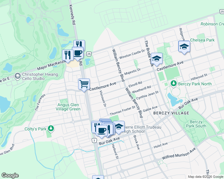 map of restaurants, bars, coffee shops, grocery stores, and more near in Markham