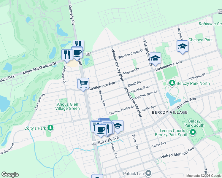 map of restaurants, bars, coffee shops, grocery stores, and more near 48 Elmrill Road in Markham