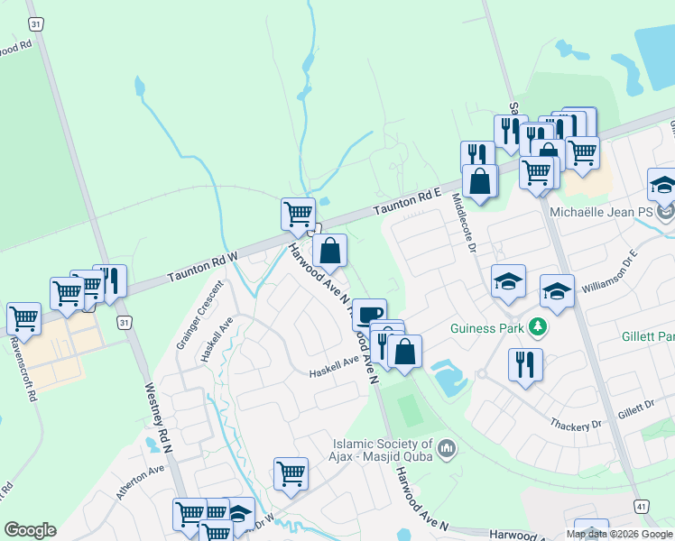 map of restaurants, bars, coffee shops, grocery stores, and more near 73 Quarrie Lane in Ajax